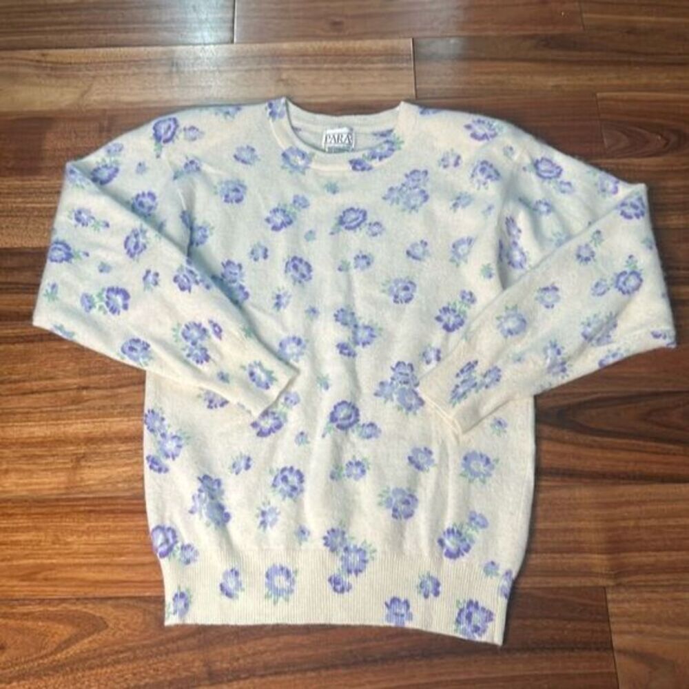 Vtg Para soft‎ lambswool angora purple flower sweater  preppy vintage